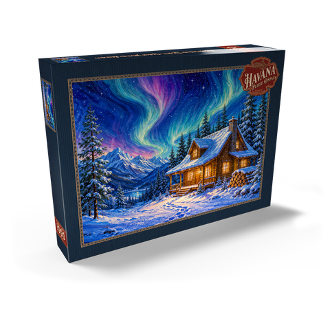 Darstellung des Puzzle Motivs Nordlicht-Hütte – Winterliche Ruhe Northern Lights Cabin Winter Serenity 1000 Puzzle Schachtel Ansicht2