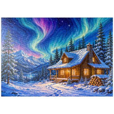 Darstellung des Puzzle Motivs puzzleplate Northern Lights Cabin Winter Serenity 1000 Puzzle