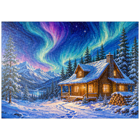 Darstellung des Puzzle Motivs Nordlicht-Hütte – Winterliche Ruhe puzzleplate Northern Lights Cabin Winter Serenity 1000 Puzzle