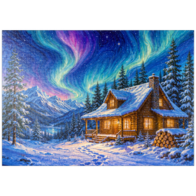 Darstellung des Puzzle Motivs Nordlicht-Hütte – Winterliche Ruhe - Puzzleteile: 1000