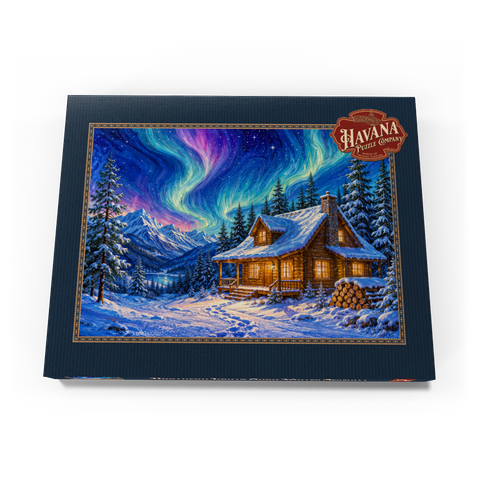 Darstellung des Puzzle Motivs Nordlicht-Hütte – Winterliche Ruhe Northern Lights Cabin Winter Serenity 100 Puzzle Schachtel Ansicht3