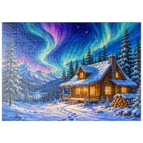 Darstellung des Puzzle Motivs Nordlicht-Hütte – Winterliche Ruhe puzzleplate Northern Lights Cabin Winter Serenity 100 Puzzle