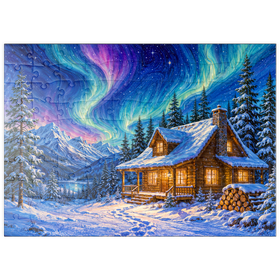 Darstellung des Puzzle Motivs Nordlicht-Hütte – Winterliche Ruhe - Puzzleteile: 100
