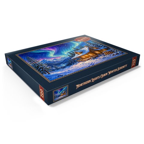 Darstellung des Puzzle Motivs Nordlicht-Hütte – Winterliche Ruhe Northern Lights Cabin Winter Serenity 200 Puzzle Schachtel Ansicht1