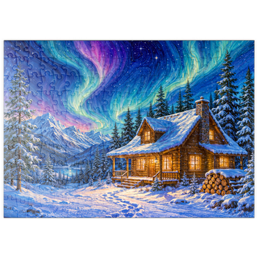 Darstellung des Puzzle Motivs puzzleplate Northern Lights Cabin Winter Serenity 200 Puzzle