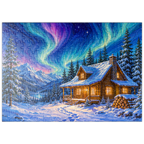 Darstellung des Puzzle Motivs Nordlicht-Hütte – Winterliche Ruhe - Puzzleteile: 200