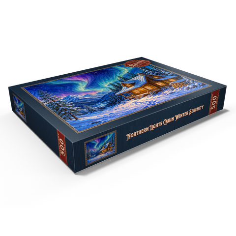 Darstellung des Puzzle Motivs Nordlicht-Hütte – Winterliche Ruhe Northern Lights Cabin Winter Serenity 500 Puzzle Schachtel Ansicht1