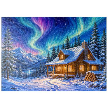 Darstellung des Puzzle Motivs puzzleplate Northern Lights Cabin Winter Serenity 500 Puzzle