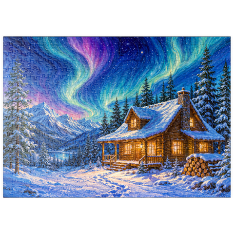 Darstellung des Puzzle Motivs Nordlicht-Hütte – Winterliche Ruhe puzzleplate Northern Lights Cabin Winter Serenity 500 Puzzle