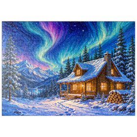 Darstellung des Puzzle Motivs Nordlicht-Hütte – Winterliche Ruhe - Puzzleteile: 500