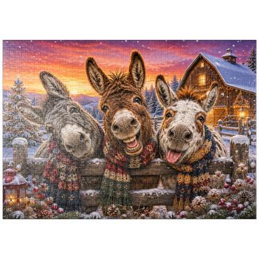 Darstellung des Puzzle Motivs puzzleplate Christmas Donkeys with Winter Scarves 1000 Puzzle