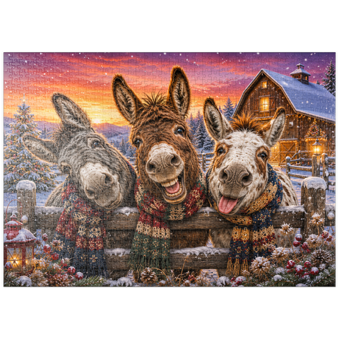Darstellung des Puzzle Motivs Weihnachts-Esel mit Winterschals puzzleplate Christmas Donkeys with Winter Scarves 1000 Puzzle