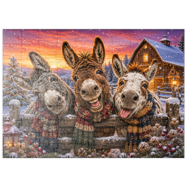 Darstellung des Puzzle Motivs puzzleplate Christmas Donkeys with Winter Scarves 100 Puzzle