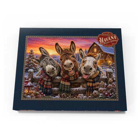 Darstellung des Puzzle Motivs Weihnachts-Esel mit Winterschals Christmas Donkeys with Winter Scarves 200 Puzzle Schachtel Ansicht3