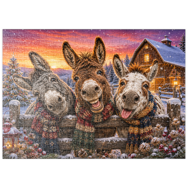 Darstellung des Puzzle Motivs puzzleplate Christmas Donkeys with Winter Scarves 500 Puzzle