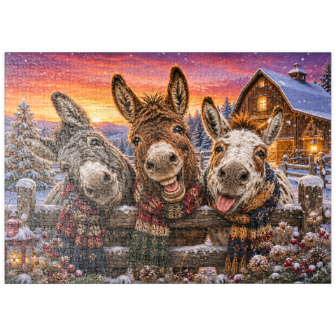 Darstellung des Puzzle Motivs Weihnachts-Esel mit Winterschals puzzleplate Christmas Donkeys with Winter Scarves 500 Puzzle