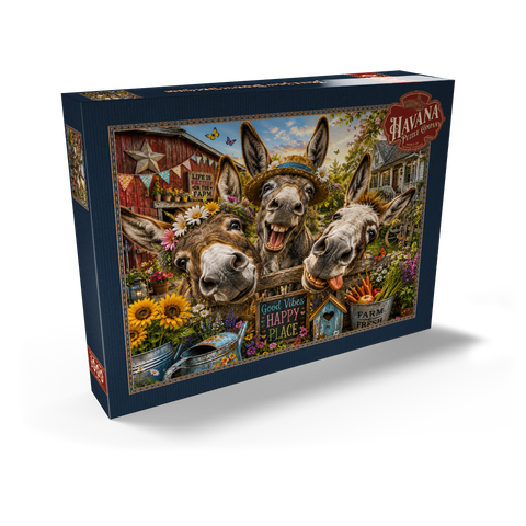 Darstellung des Puzzle Motivs Charm der drei albernen Esel Three Silly Donkeys Farm Charm 1000 Puzzle Schachtel Ansicht2