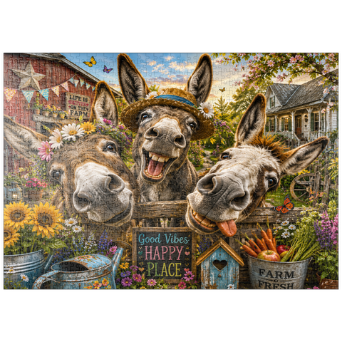 Darstellung des Puzzle Motivs Charm der drei albernen Esel puzzleplate Three Silly Donkeys Farm Charm 1000 Puzzle