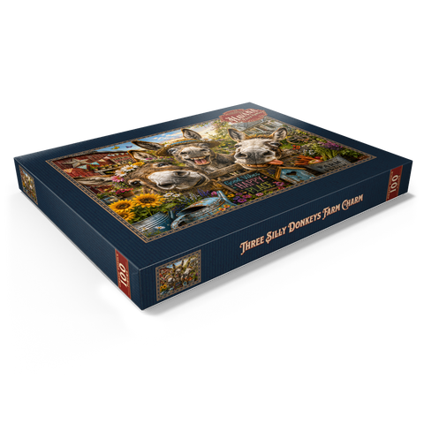 Darstellung des Puzzle Motivs Charm der drei albernen Esel Three Silly Donkeys Farm Charm 100 Puzzle Schachtel Ansicht1
