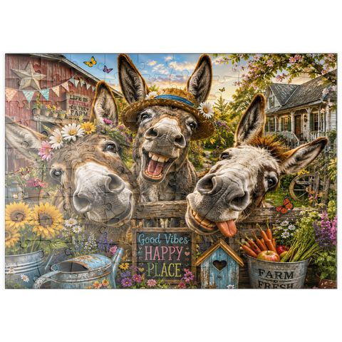 Darstellung des Puzzle Motivs Charm der drei albernen Esel puzzleplate Three Silly Donkeys Farm Charm 100 Puzzle