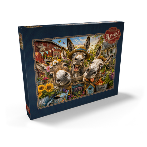 Darstellung des Puzzle Motivs Charm der drei albernen Esel Three Silly Donkeys Farm Charm 200 Puzzle Schachtel Ansicht2