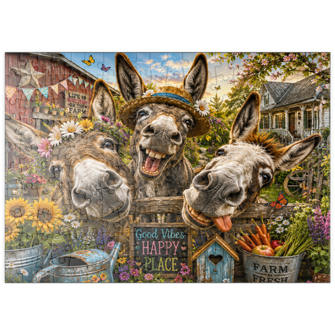 Darstellung des Puzzle Motivs Charm der drei albernen Esel puzzleplate Three Silly Donkeys Farm Charm 200 Puzzle