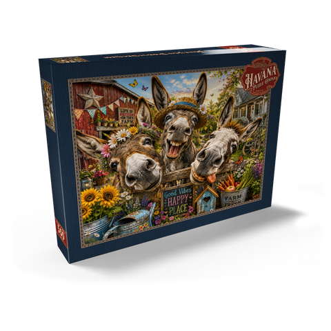 Darstellung des Puzzle Motivs Charm der drei albernen Esel Three Silly Donkeys Farm Charm 500 Puzzle Schachtel Ansicht2