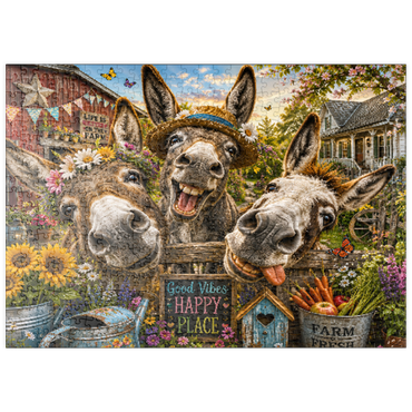 Darstellung des Puzzle Motivs puzzleplate Three Silly Donkeys Farm Charm 500 Puzzle