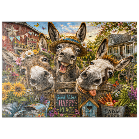 Darstellung des Puzzle Motivs Charm der drei albernen Esel puzzleplate Three Silly Donkeys Farm Charm 500 Puzzle