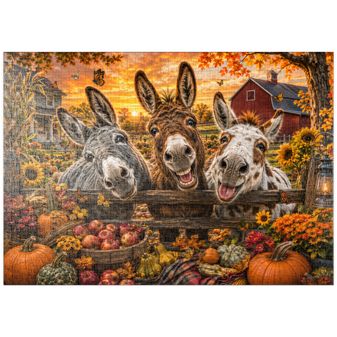 Darstellung des Puzzle Motivs Herbstliche Streiche der Esel puzzleplate Autumn Donkey Mischief 1000 Puzzle