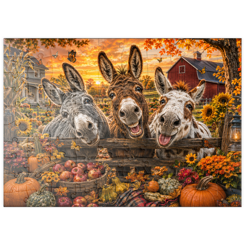 Darstellung des Puzzle Motivs Herbstliche Streiche der Esel puzzleplate Autumn Donkey Mischief 100 Puzzle