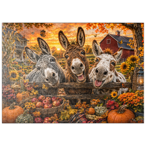 Darstellung des Puzzle Motivs Herbstliche Streiche der Esel puzzleplate Autumn Donkey Mischief 500 Puzzle