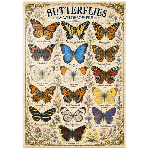 Darstellung des Puzzle Motivs Butterflies and Wildflowers Vintage Art Poster puzzleplate Butterflies and Wildflowers Vintage Art Poster 1000 Puzzle
