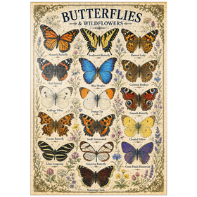 Darstellung des Puzzle Motivs Butterflies and Wildflowers Vintage Art Poster - Puzzleteile: 1000