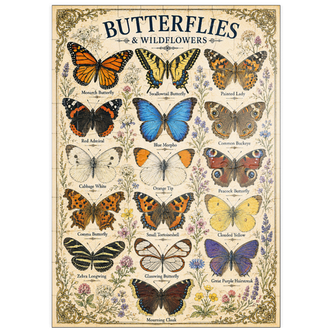 Darstellung des Puzzle Motivs Butterflies and Wildflowers Vintage Art Poster puzzleplate Butterflies and Wildflowers Vintage Art Poster 100 Puzzle