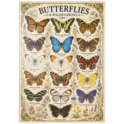 Darstellung des Puzzle Motivs Butterflies and Wildflowers Vintage Art Poster puzzleplate Butterflies and Wildflowers Vintage Art Poster 200 Puzzle
