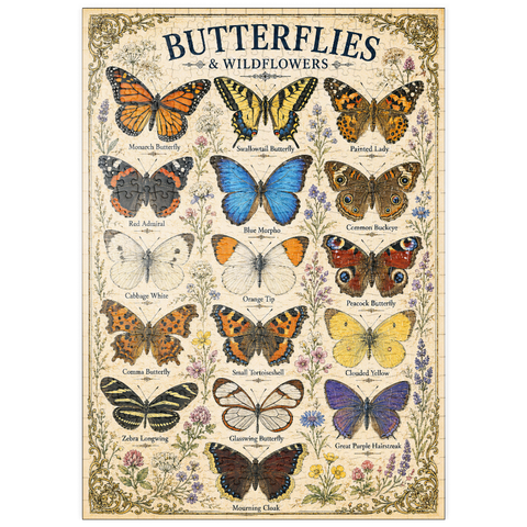 Darstellung des Puzzle Motivs Butterflies and Wildflowers Vintage Art Poster puzzleplate Butterflies and Wildflowers Vintage Art Poster 500 Puzzle