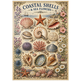 Darstellung des Puzzle Motivs Coastal Shells and Sea Flowers Vintage Art Poster - Puzzleteile: 1000
