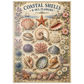 Darstellung des Puzzle Motivs Coastal Shells and Sea Flowers Vintage Art Poster - Puzzleteile: 200