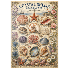 Darstellung des Puzzle Motivs Coastal Shells and Sea Flowers Vintage Art Poster - Puzzleteile: 500