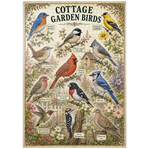 Darstellung des Puzzle Motivs Cottage Garden Birds Vintage Poster puzzleplate Cottage Garden Birds Vintage Poster 1000 Puzzle