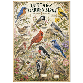 Darstellung des Puzzle Motivs Cottage Garden Birds Vintage Poster - Puzzleteile: 1000