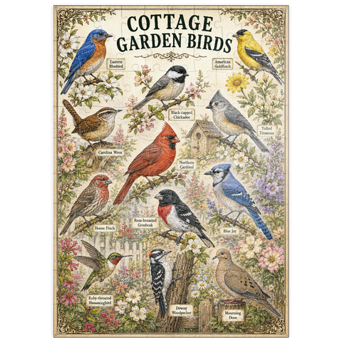 Darstellung des Puzzle Motivs Cottage Garden Birds Vintage Poster puzzleplate Cottage Garden Birds Vintage Poster 100 Puzzle