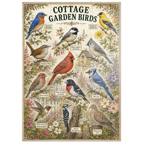 Darstellung des Puzzle Motivs Cottage Garden Birds Vintage Poster - Puzzleteile: 100