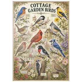 Darstellung des Puzzle Motivs Cottage Garden Birds Vintage Poster - Puzzleteile: 200