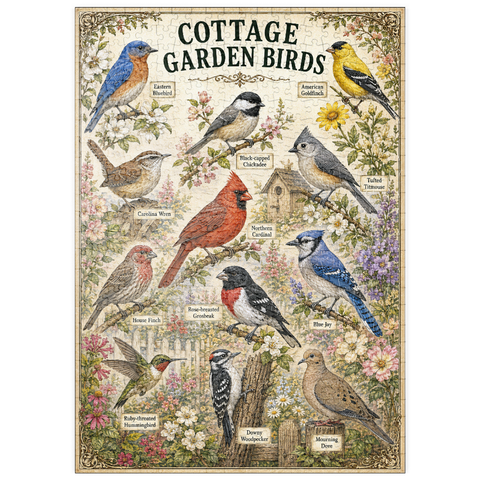Darstellung des Puzzle Motivs Cottage Garden Birds Vintage Poster puzzleplate Cottage Garden Birds Vintage Poster 500 Puzzle