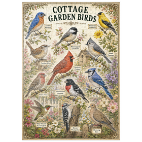 Darstellung des Puzzle Motivs Cottage Garden Birds Vintage Poster - Puzzleteile: 500