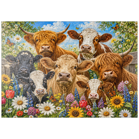 Darstellung des Puzzle Motivs Flower Crown Cows Farm Meadow puzzleplate Flower Crown Cows Farm Meadow 1000 Puzzle