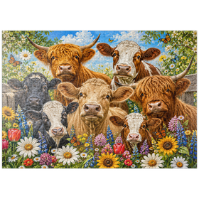 Darstellung des Puzzle Motivs Flower Crown Cows Farm Meadow - Puzzleteile: 1000