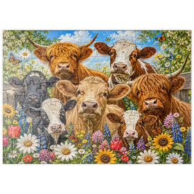 Darstellung des Puzzle Motivs Flower Crown Cows Farm Meadow - Puzzleteile: 100